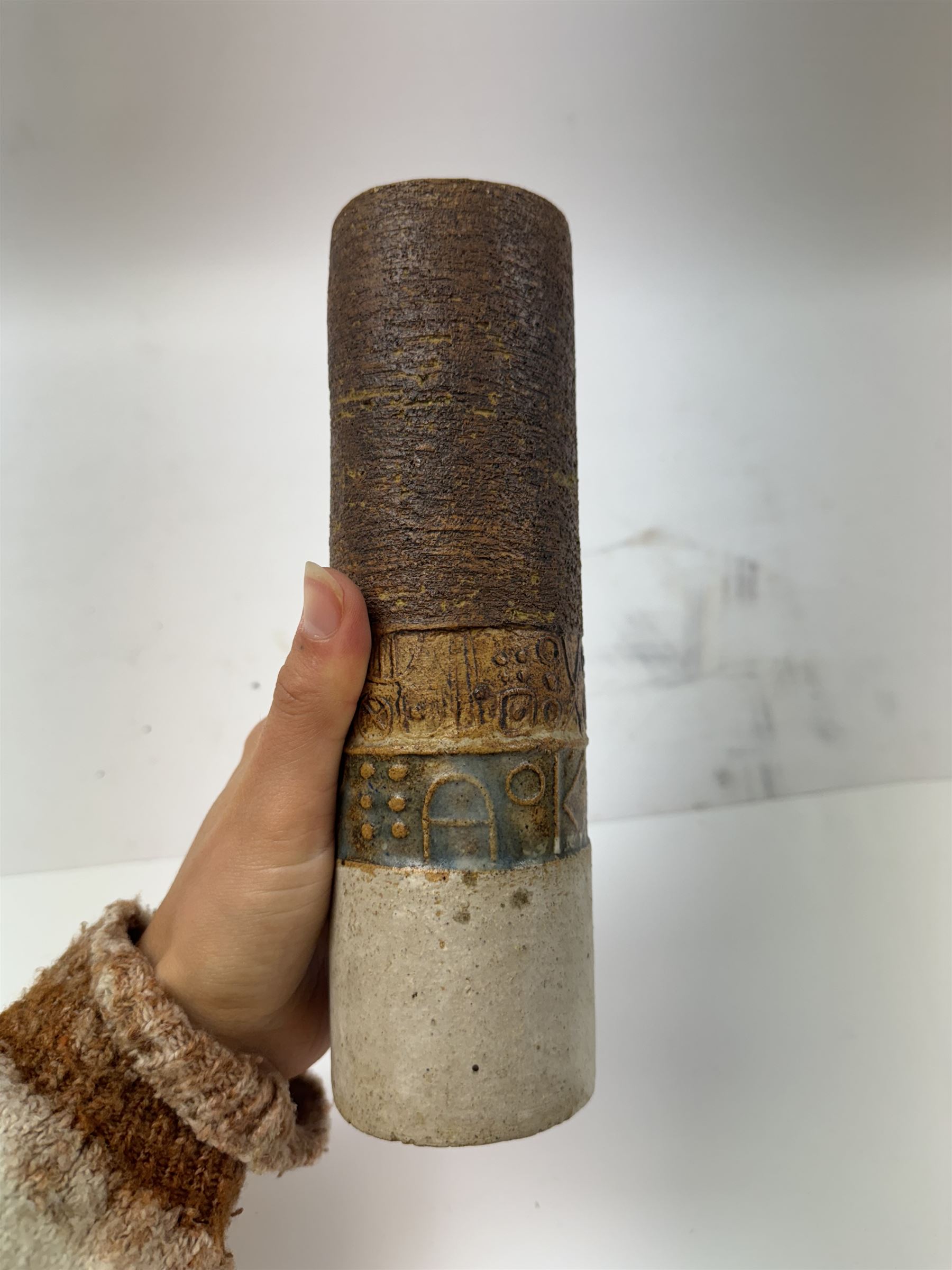 Alan Wallwork (1931-2019); a cylindrical stoneware vase with impressed symbols, incised W mark and impressed S mark, height 21cm