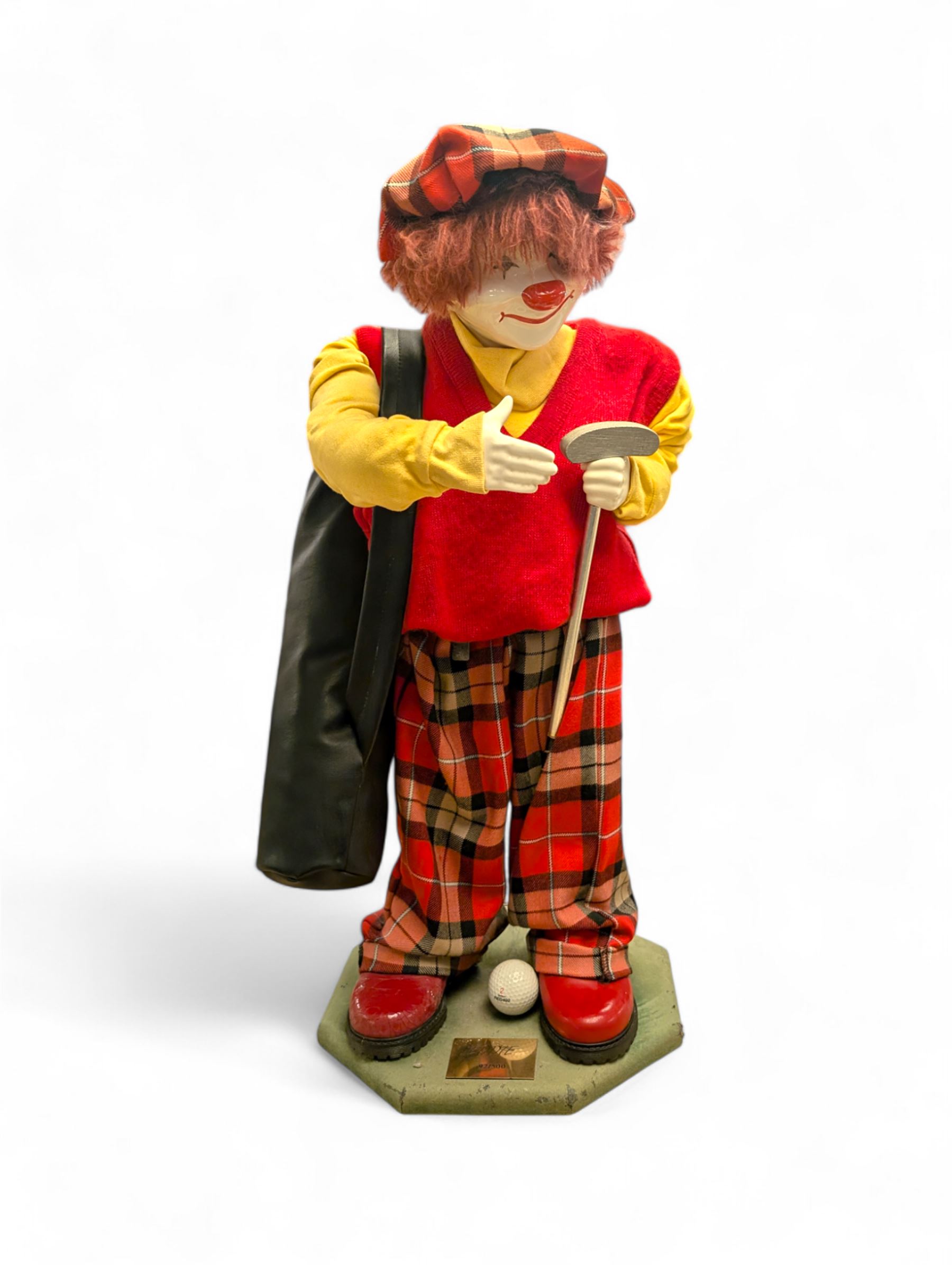 Hobo Designs limited edition 'Eddie' large clown figure, dressed in golfing attire with club and golf bag no. 92/500, H68cm