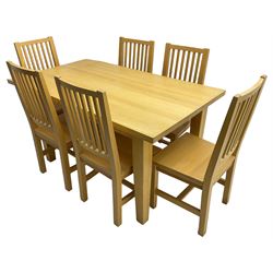 Solid beech rectangular dining table (89cm x 135cm - 160cm, H77cm), and a set of five beech dining chairs