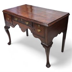 18th century oak low-boy, moulded rectangular top over three drawers and shaped apron, the mahogany banded drawer fronts fitted with shaped brass handles, on cabriole front supports and square tapering rear supports 