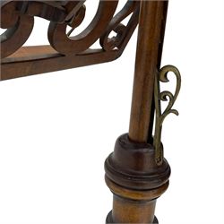 Regency design mahogany duet music stand, double-sided hinged and adjustable reading stands, scrolling leafy branch fretwork with scrolled lyre, fitted with gilt metal reeded columns, on adjustable stem, turned pedestal with tall splayed supports 