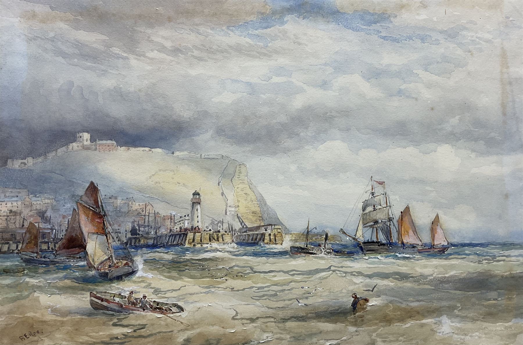 Robert Ernest Roe (British 1852-c.1921): Paddle Steamer and Sailing Vessels outside Scarborough Harbour, watercolour with scratching out signed 25cm x 37cm 