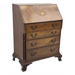 Georgian design mahogany bureau, moulded fall front with central floral inlays and satinwood band, fitted with four graduating drawers enclosed by ring turned pillars, on ogee bracket feet 