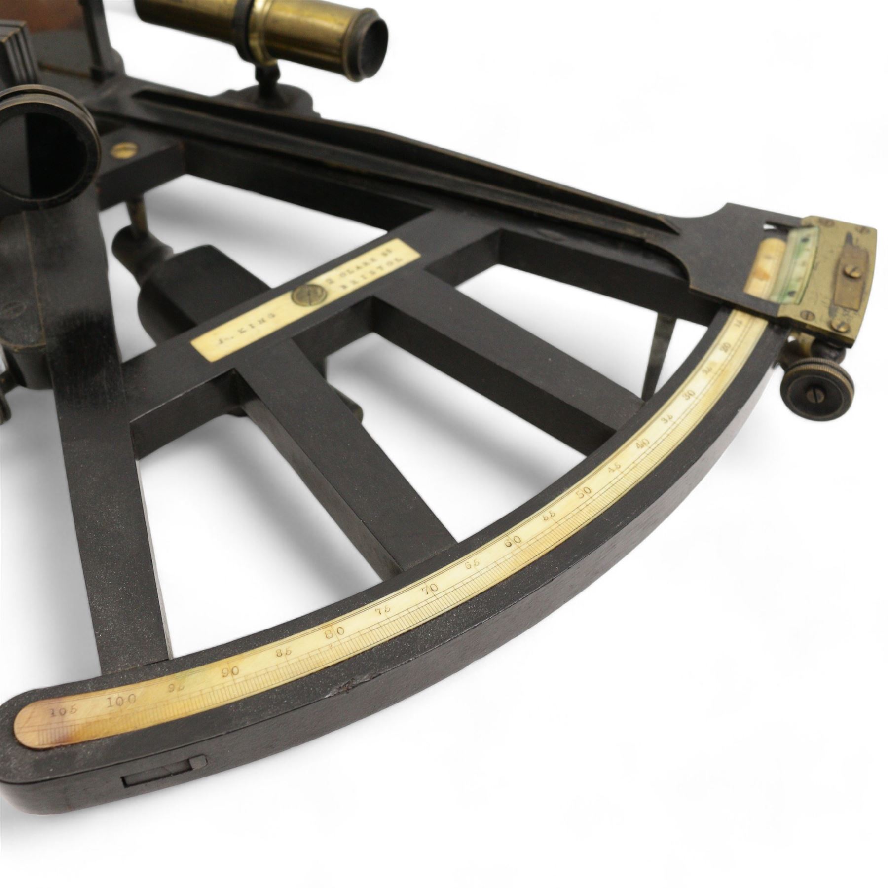 19th century ebony and brass sextant by John King, 2 Clare St. Bristol, with ivory scale, in fitted oak case. This item has been registered for sale under Section 10 of the APHA Ivory Act