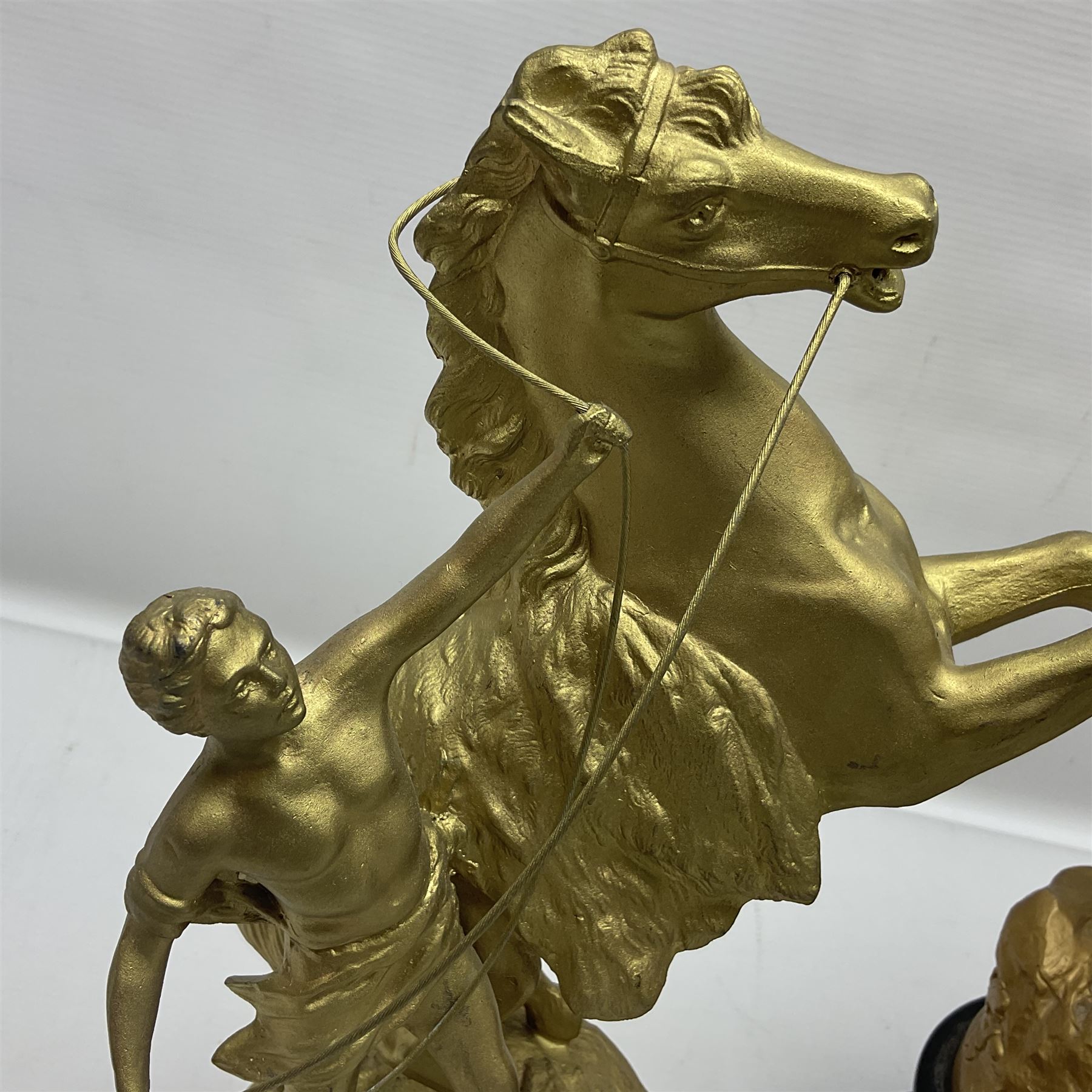 After Guillaume Coustou, pair of spelter Marley Horses, together with Jeanne D Arc figure, largest H48cm