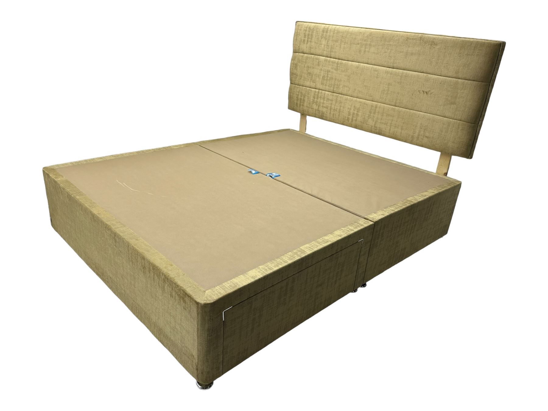 Queen size divan bed, upholstered in light gold fabric with high padded headboard, box base with double storage drawer; with Dreamland ‘Evergreen’ aloe vera pocket sprung mattress (200 x 150 x 28cm)