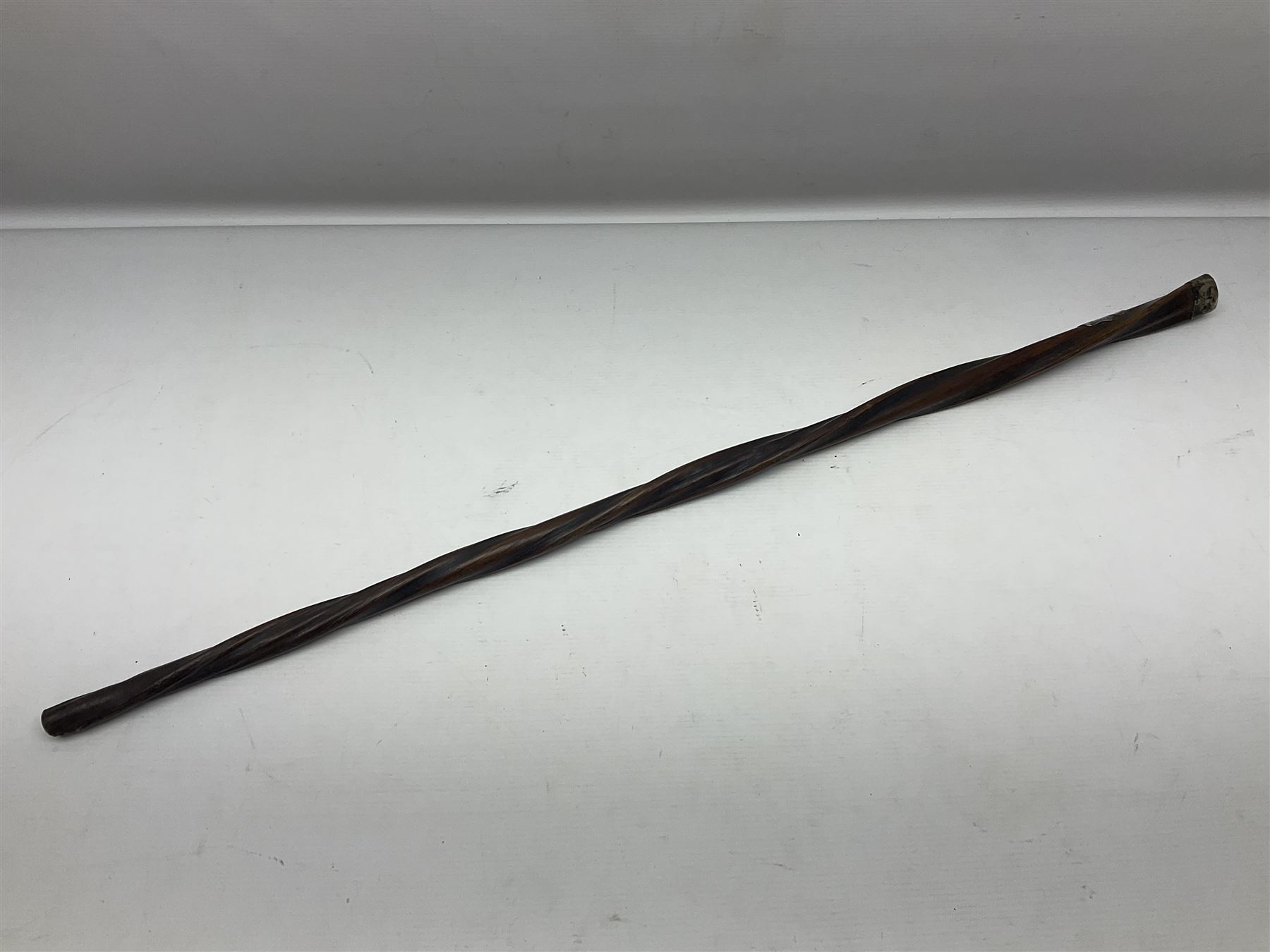 Twisted hardwood walking stick, mounted with silver cap and cartouche engraved James Booth, H88cm