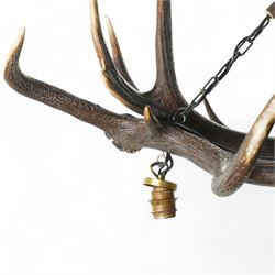 Deer antler chandelier, of triangular form, with three fitted hanging lights H45cm