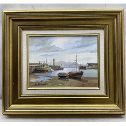 Don Micklethwaite (British 1936-):  Boats in the Harbour at Low Tide, oil on canvas signed 22cm x 29cm