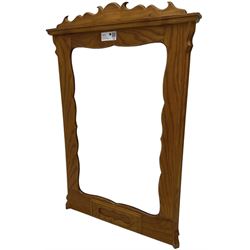 Elm wall hanging mirror, shaped pediment over plain mirror plate