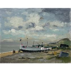 William Burns (British 1923-2010): 'Boats by the Sea', oil on board signed, titled verso 18cm x 23cmcm (unframed)
Provenance: direct from the artist's family. Born in Sheffield in 1923, William Burns RIBA FSAI FRSA studied at the Sheffield College of Art, before the outbreak of the Second World War during which he helped illustrate the official War Diaries for the North Africa Campaign, and was elected a member of the Armed Forces Art Society. On his return to England, he studied architecture at Sheffield University and later ran his own successful practice, being a member of the Royal Institute of British Architects. However, painting had always been his self-confessed 'first love', and in the 1970s he gave up architecture to become a full-time artist, having his first one-man exhibition in 1979.