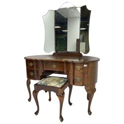 Early 20th century Dutch design mahogany kidney-shaped dressing table, raised triple mirror back, fitted with central frieze drawer flanked by four graduating drawers, on cabriole supports, with stool