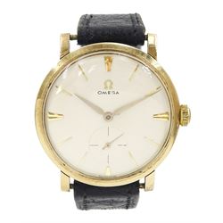 Omega gentleman's 9ct gold manual wind presentation wristwatch, dial with baton hour markers and subsidiary seconds dial,  on black leather strap