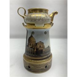 19th century continental teapot and warmer, the teapot upon a cylindrical warming base in the form of a castle, hand printed with 'Le Pantheon', H21cm