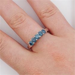 14ct white gold five stone round brilliant cut fancy blue diamond ring, stamped 14K, total diamond weight approx 1.00 carat 