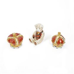 Three Royal Crown Derby paperweights, comprising Debonair Bear, Queen Mother 100th Birthda...