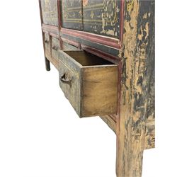 19th century Chinese Qing dynasty painted elm cupboard, Shanxi province, two double cupboards enclosed by doors painted with figure and flower heads, fitted with four small drawer, on stile supports 