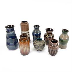 Eight West German and similar vases, including two blue wave examples, tallest H26cm