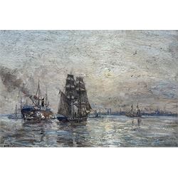 Herbert F Royle (British 1870-1958): Steam and Sail Vessels at Sunset, oil on panel signed...