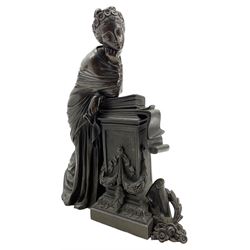 19th century French bronze sculpture of a Classical female muse leaning against a pedestal applied with a book, unsigned, numbered verso 2783, H26cm