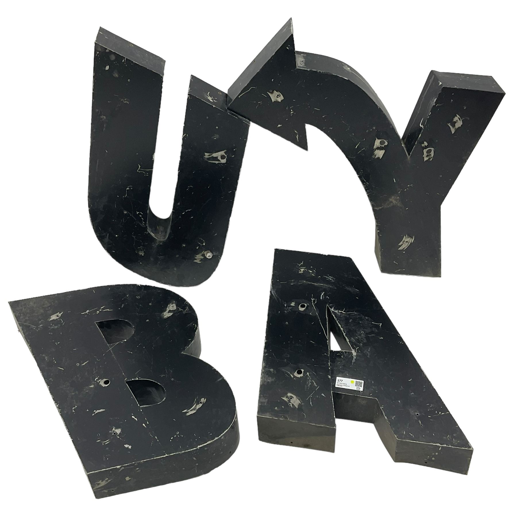 Four large black painted letters A, B, U and Y, largest H82cm