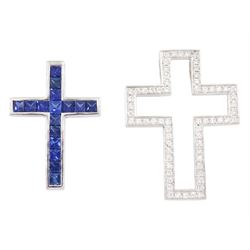 18ct white gold two piece princess cut sapphire and round brilliant cut diamond cross pendant, hallmarked, total sapphire weight approx 1.75 carat, total diamond weight approx 0.50 carat, on silver chain