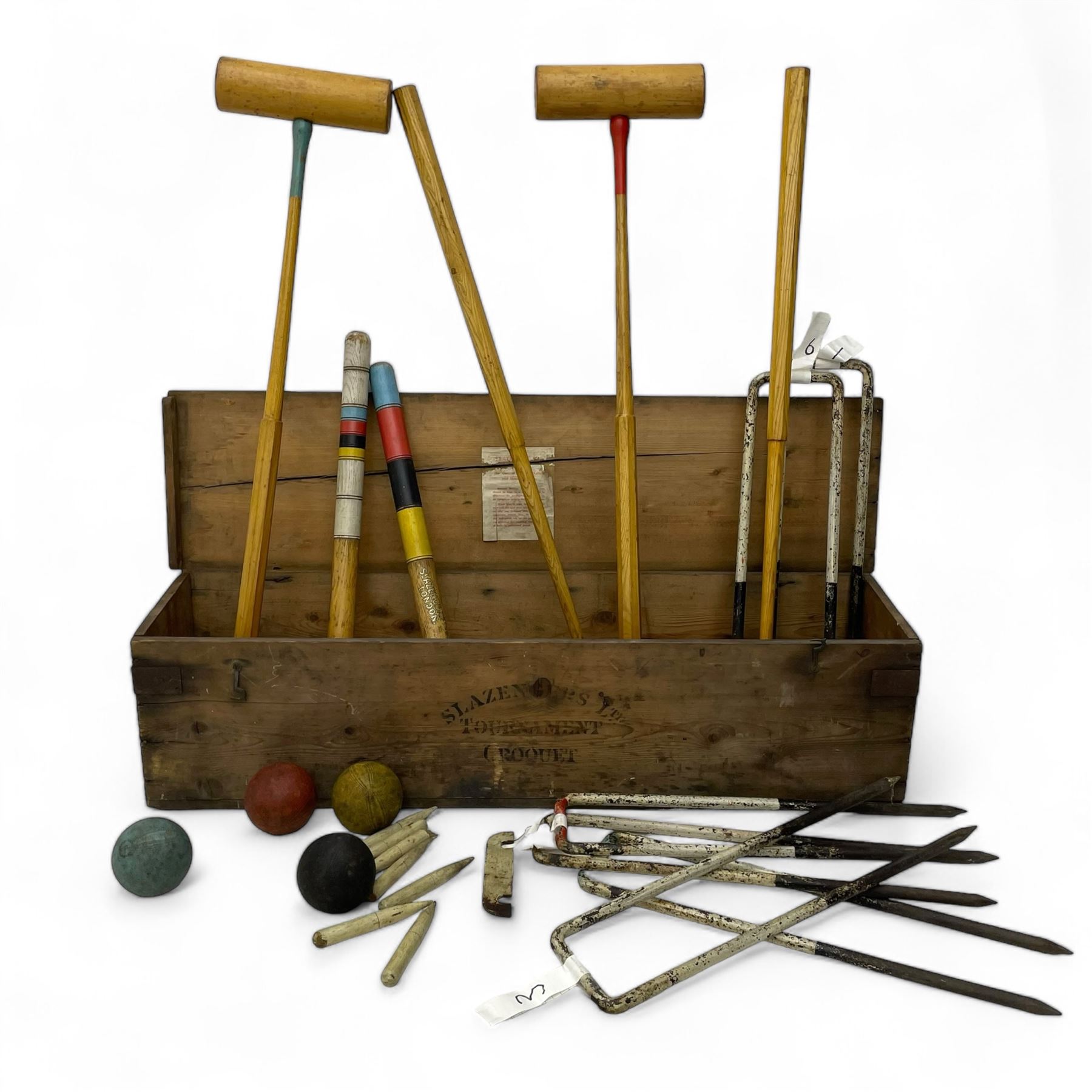 Slazenger - early 20th century croquet set, with wickets, stakes, mallets and balls, in wooden carry box 