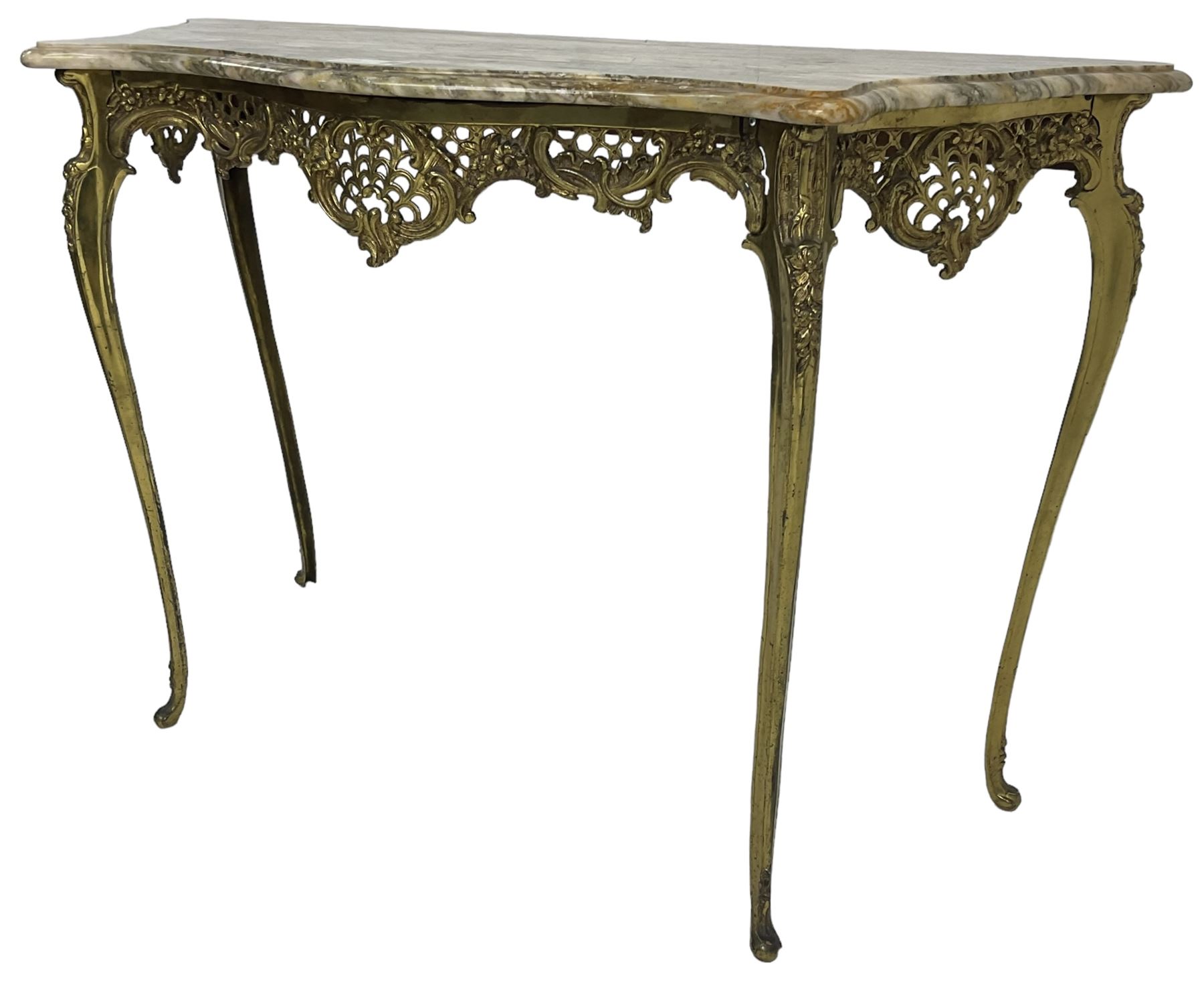 Louis XVI design serpentine front console table, shaped marble top over a cast brass base, the apron pierced and decorated with c-scrolls and foliate cartouche motifs, on cabriole supports with floral patterned knees