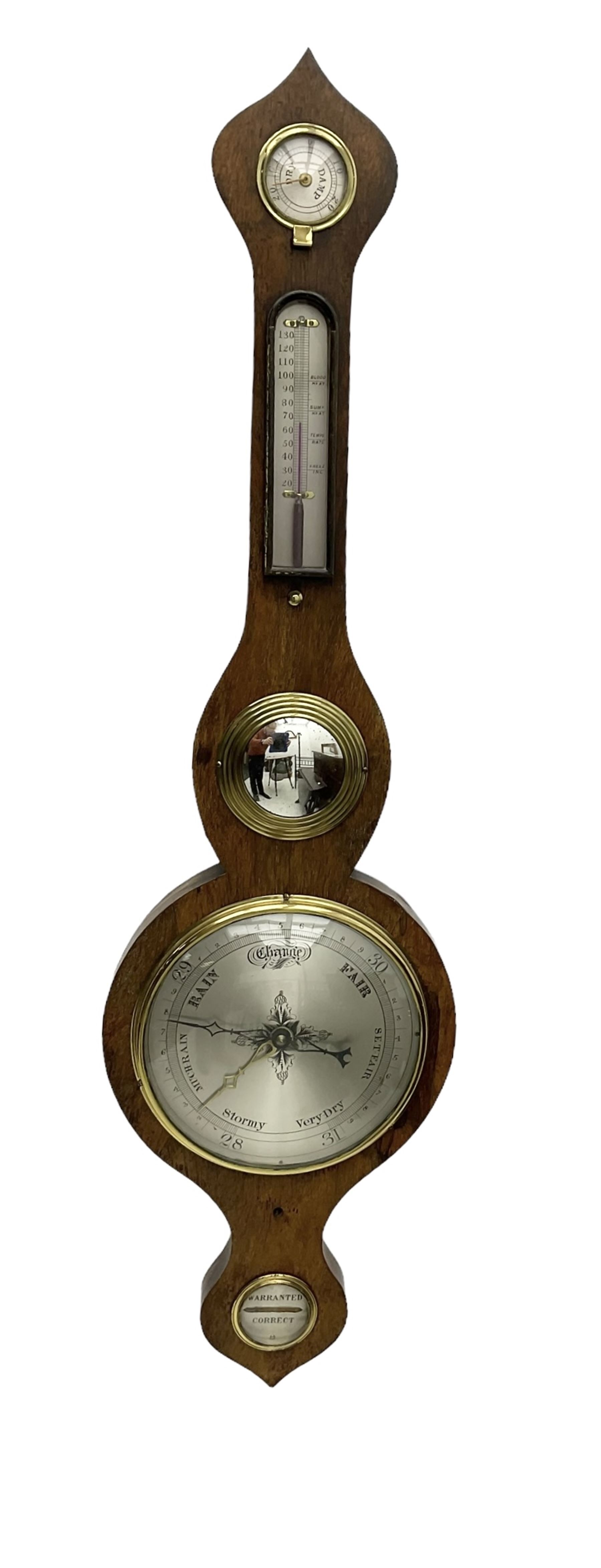 Late 19th Century - onion topped mercury barometer in a rosewood case, with a hygrometer, spirit thermometer, butlers mirror and level bubble, 8