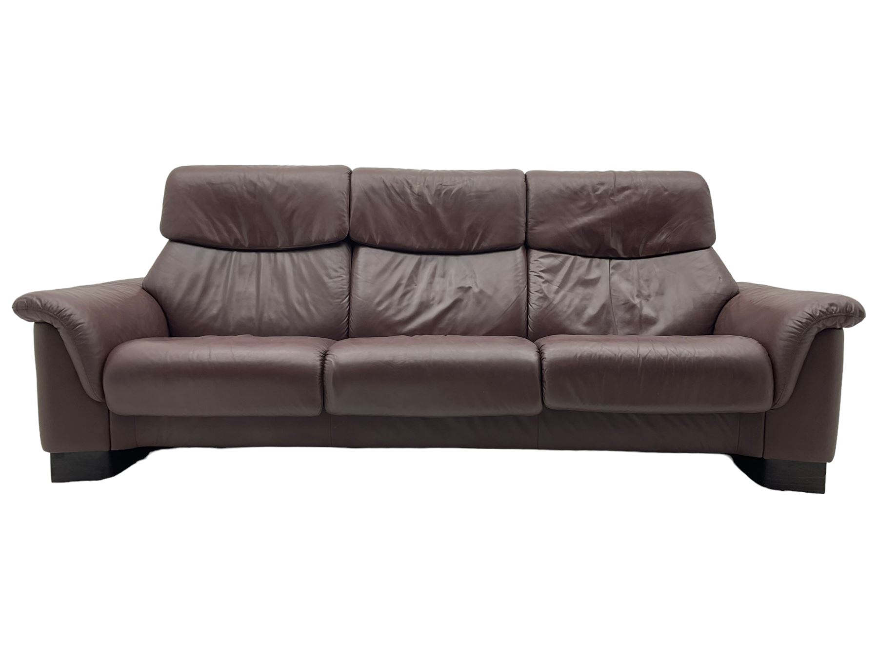 Ekornes Stressless - three-seat sofa upholstered in chocolate brown leather, with high backrests, cushioned headrests, and manual reclining mechanism (L248cm, D84cm, H102cm); with matching two-seat sofa (L184cm, D84cm, H102cm)