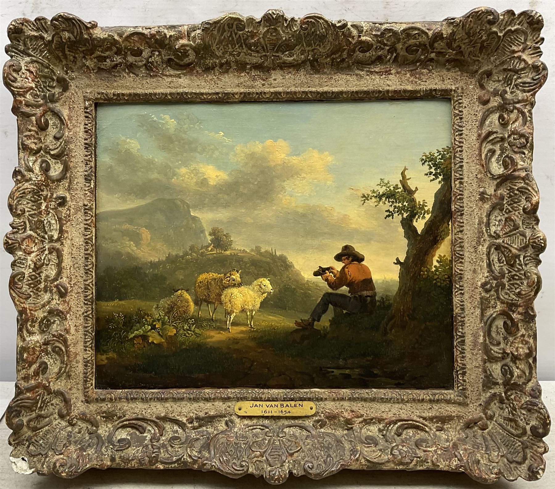 Circle of Jan Van Balen (Flemish 1611-1654): Farmer Resting in Belgian Landscape, oil on canvas attributed on the mount 22cm x 27cm 