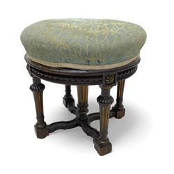 Holland & Sons (London: 1843-1942) - mid-to-late 19th century French design stool, circular form with upholstered cushioned seat in foliate pattern fabric, on lobe carved turned and fluted supports united by shaped X-framed lower stretchers 