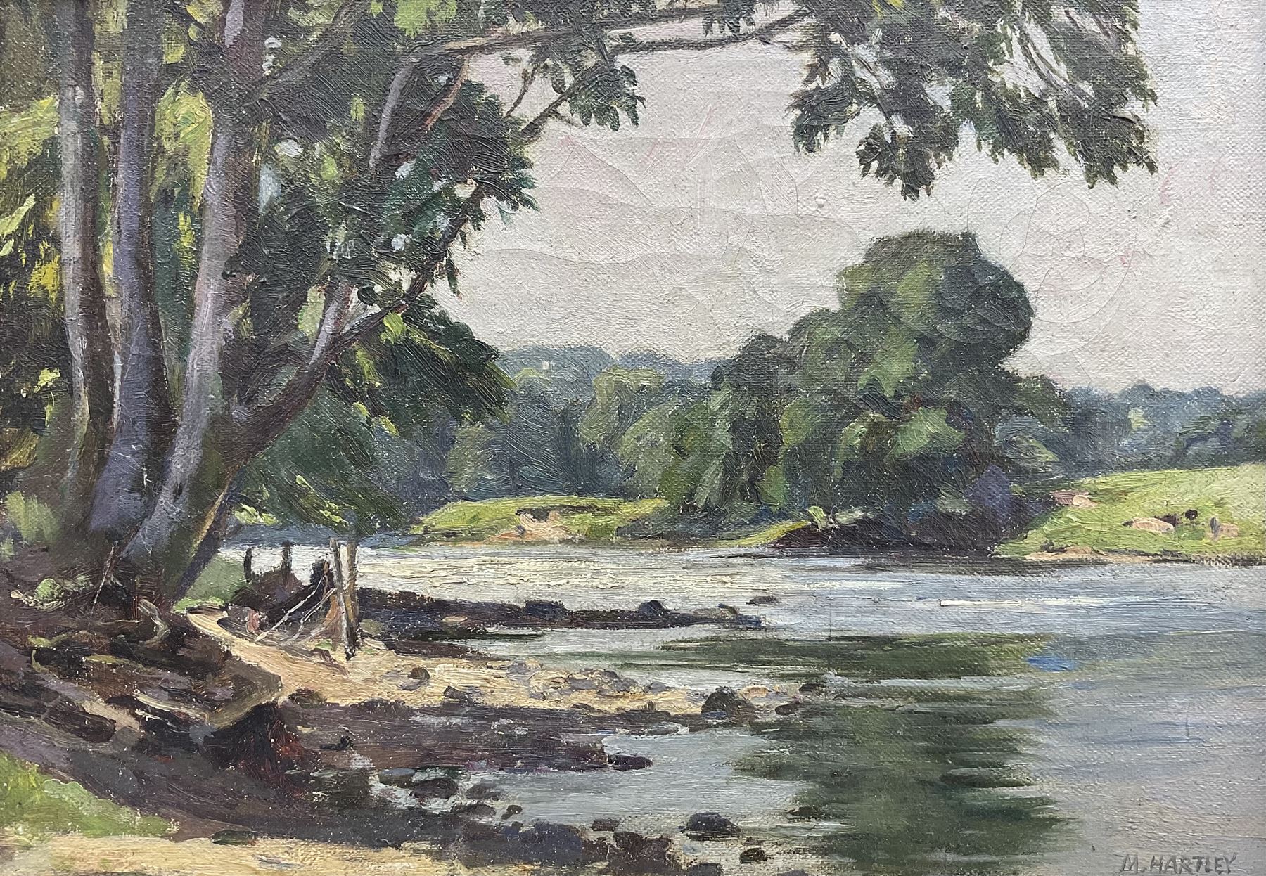 Marie Hartley (Yorkshire 1905-2006): 'The Wharfe near Harewood', oil on canvas signed, titled on printed label verso 25cm x 35cm 