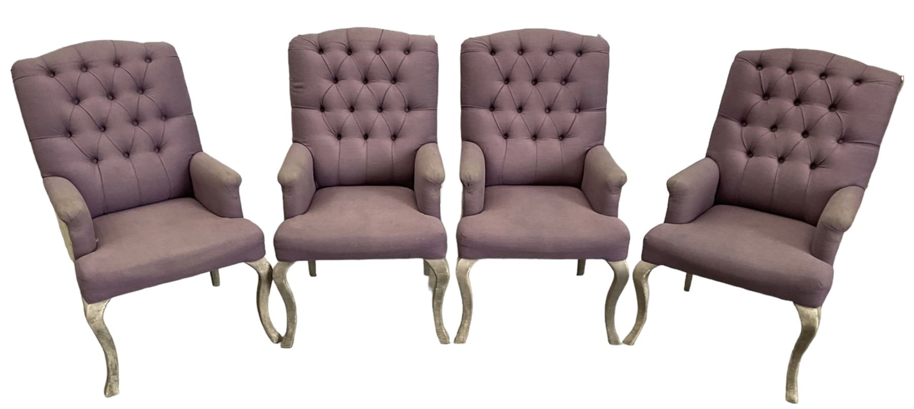 Voyage - four high back armchairs upholstered in buttoned lilac and tweed fabric, painted cabriole legs