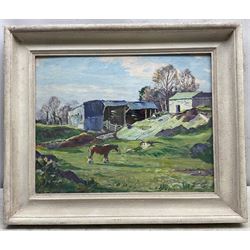 John Smith Atherton (British 1877-1943): 'Lindale' - Horses Grazing, oil on board signed, titled verso 31cm x 39cm