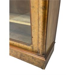 Victorian inlaid walnut pier display cabinet, moulded rectangular top over cavetto frieze, the moulded upright inlaid with scrolling foliage, fabric lined interior fitted with two shelves enclosed by single glazed door, on moulded plinth base 