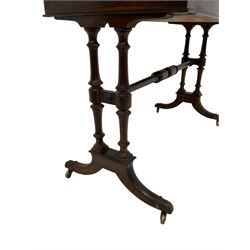 Regency rosewood card table, fold-over swivel action rectangular top with crossbanding, single frieze drawer, raised on turned end supports terminating in splayed feet with castors, joined by ring turned stretcher