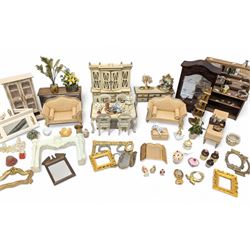 Dolls house living room and dining room furniture, including sofas, dining table and chair...