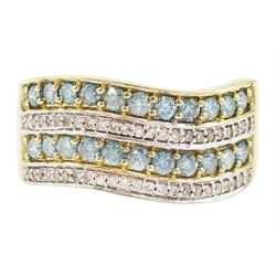 9ct gold four row round brilliant cut fancy blue and white diamond ring, hallmarked