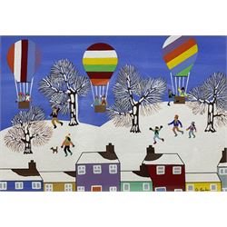 Gordon Barker (British 1960-): Hot Air Balloons in Winter, acrylic on paper signed 24cm x 34cm