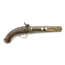 19th century double-barrelled percussion pistol, with over and under, barrels,backward spr...