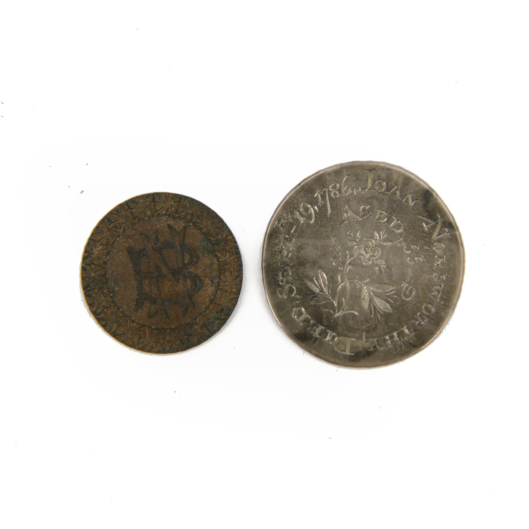 Two engraved coins, comprising William III silver halfcrown , E below bust, the reverse engraved 'Joan Norsworthy, Died Sept 19, 1786 Aged 55' and King Edward VII halfpenny, the reverse engraved with initials 'NB'