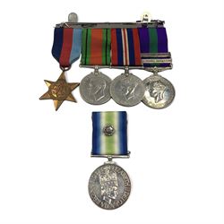 1939-1945 Star, 1939-1945 Defence Medal, 1939-1945 War Medal, Copy General Service Medal with Palestine 1945-48 and S.E Asia 1945-46 bars and a Copy South Atlantic Medal, with ribbons