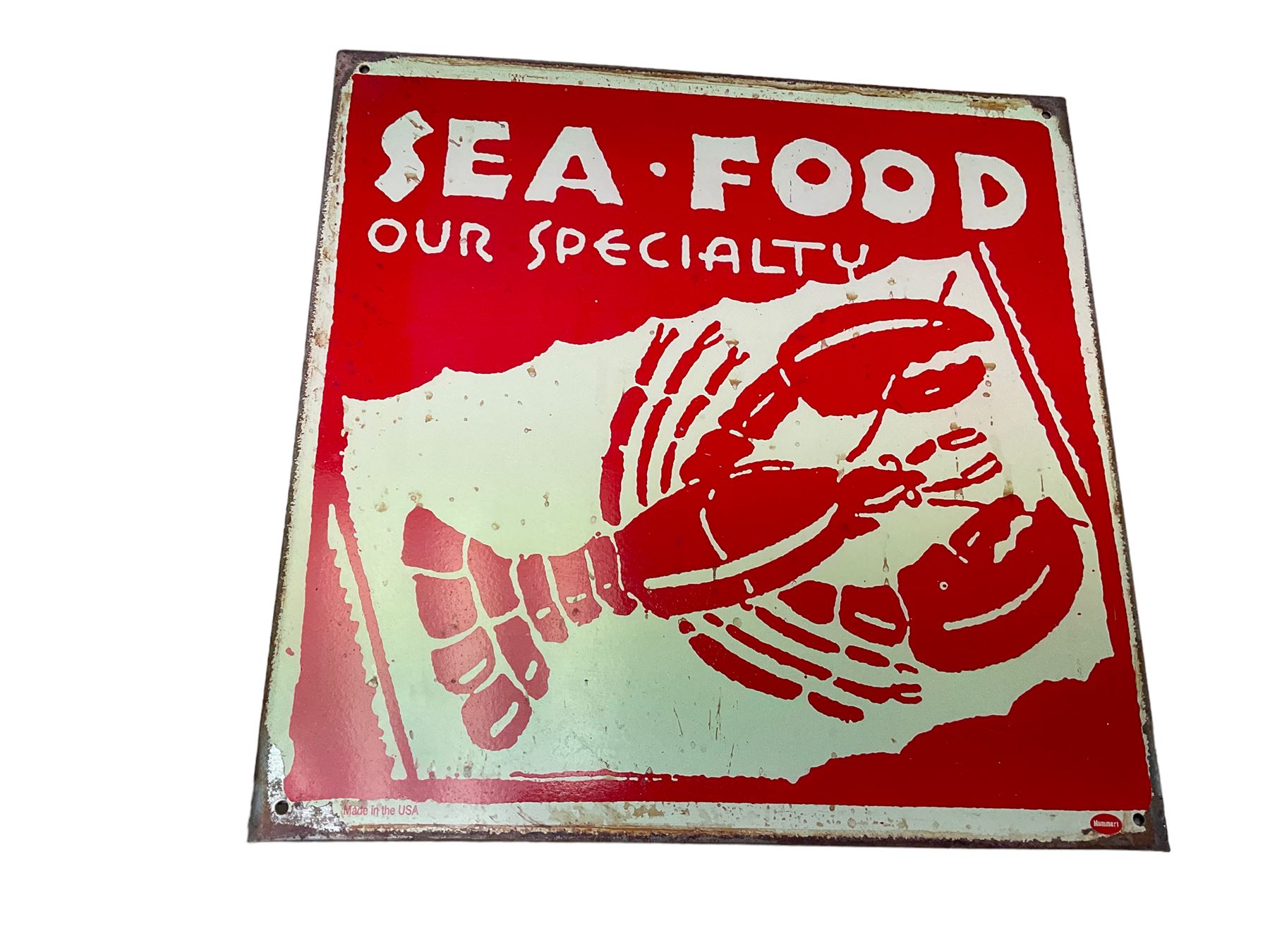 painted metal sign 'Seafood our Specialty' H29cm