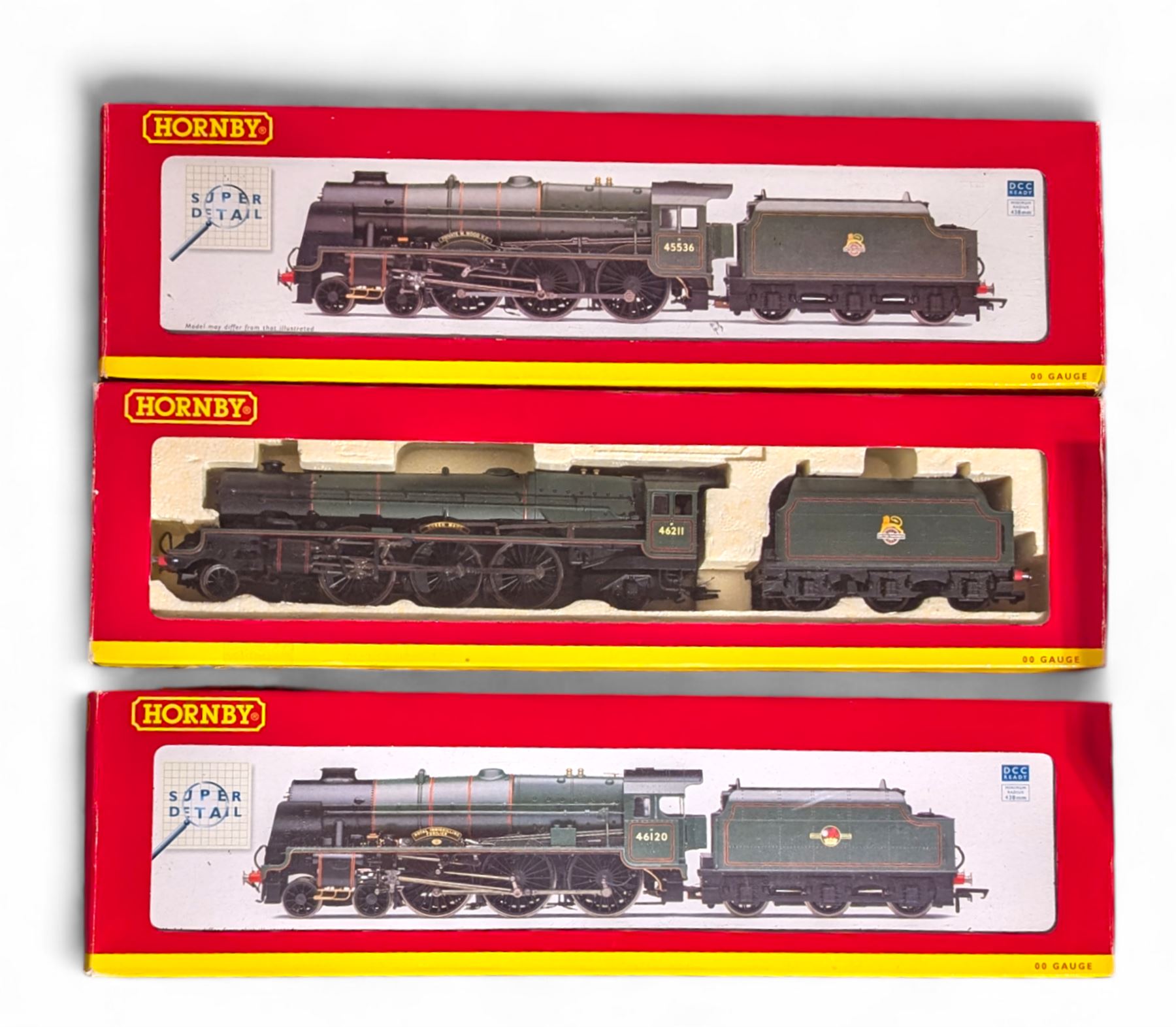 Three Hornby '00' gauge locomotives, comprising R2726 Patriot Class 4-6-0 Private W Wood VC locomotive no. 45536, R2728 Royal Scot Class 4-6-0 Royal Inniskilling Fusilier locomotive no. 46120 and R2616 Princess Royal Class 4-6-2 Queen Maud locomotive no. 46211, all boxed 