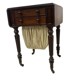 19th century mahogany drop-leaf work table, rectangular top with rounded corners, fitted with two cock-beaded drawers over pleated silk storage well, with matching opposing faux drawers, on turned and lobe moulded supports on castors