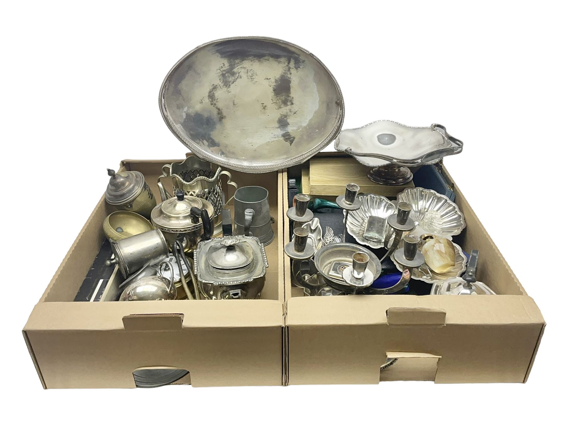 Large collection of silver plate, including automobilia club items, three piece tea service, centrepiece, trophy etc