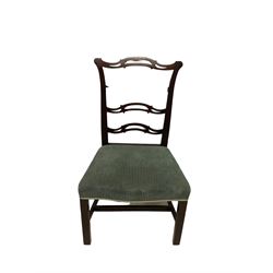 Set of twelve (10+2) Chippendale revival stained beech dining chairs, pierced waived ladder backs with over-stuffed over seats, on square moulded supports joined by stretchers