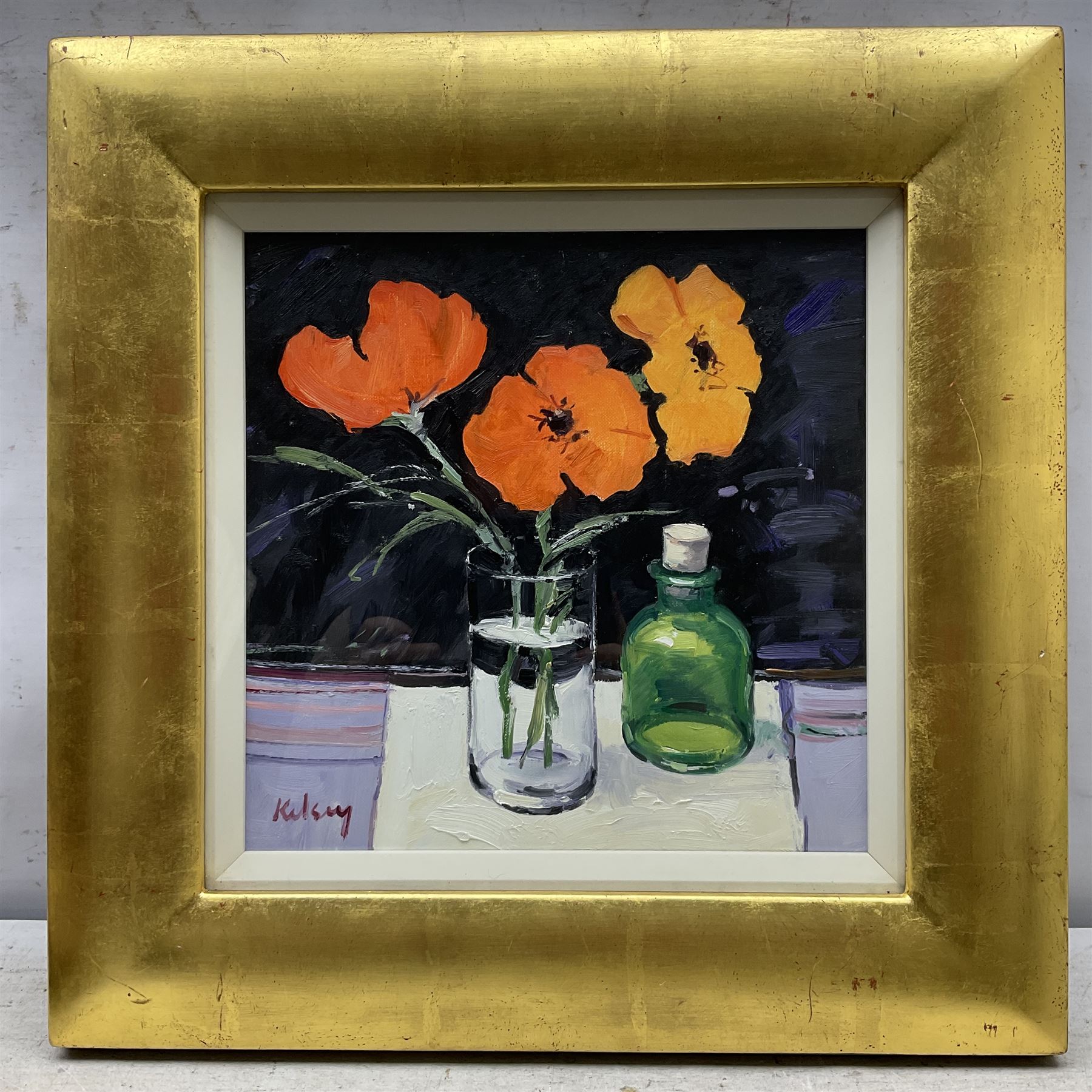 Robert Kelsey (Scottish 1949-): 'Poppies in a Glass', oil on canvas signed, titled verso 28cm x 28cm 
Provenance: with Walker Galleries Harrogate, labels verso 