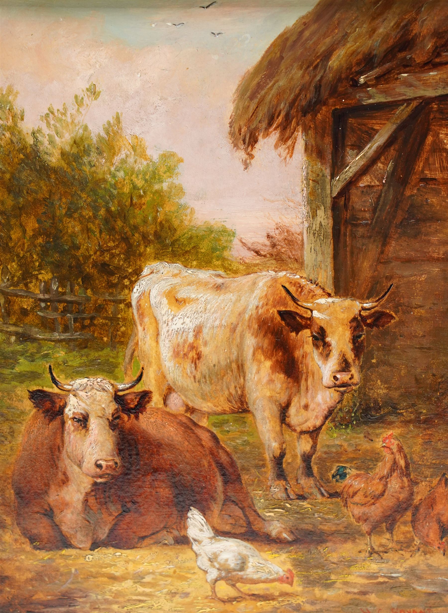 Circle of Henry Charles Bryant (British 1835-1915): Cows and Chickens in the Yard, oil on board bearing signature 23cm x 17cm 